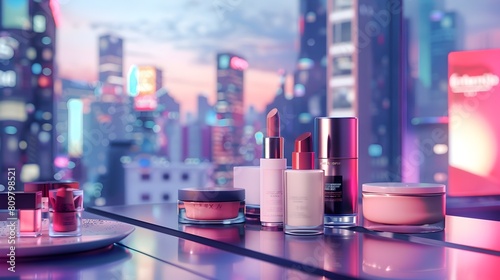 Elegant Cosmetic Arrangement with Cityscape Backdrop