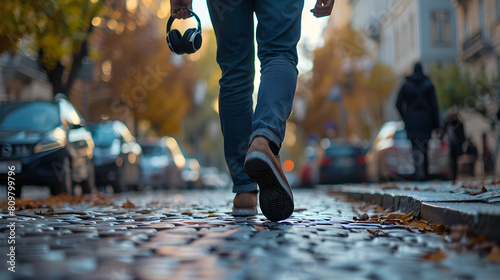 Photo realistic as Business Analyst Listening to Financial Podcasts While Walking concept as A business analyst listens to financial podcasts while walking to work staying updated 