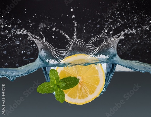 Zitrone trifft auf wasser und Minze - Wasser spritzt weg - erfrischend mit Minze - Zitrone unter wasser