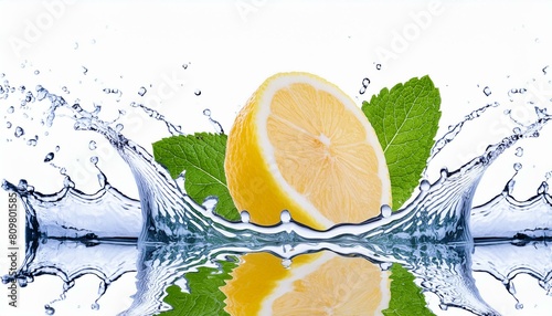 Zitrone trifft auf wasser und Minze - Wasser spritzt weg - erfrischend mit Minze - Zitronenhälfte