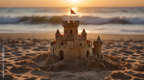 Close up photo of sand castle on the ocean beach on sun.generative.ai