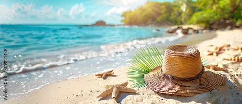 Summer vacation background with lots of space, tropical beach with sunbathing accessories like as hat, starfish, Generative AI.