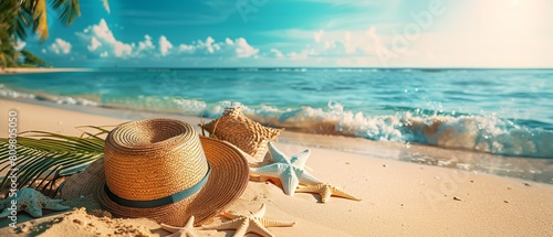 Summer vacation background with lots of space, tropical beach with sunbathing accessories like as hat, starfish, Generative AI.