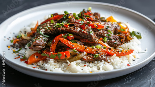 Traditional latvian beef stir-fry with rice, fresh herbs, and sesame seeds served on a white plate against a dark backdrop