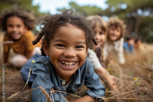 diverse group of happy children playing together in park lifestyle photo