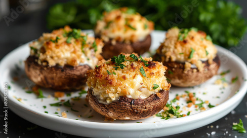 Stuffed mushrooms with a savory cheese and herb filling, topped with fresh parsley - a traditional latvian starter dish