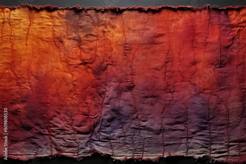 A piece of cloth with a red and orange background. The cloth is made of different colors and has a rough texture