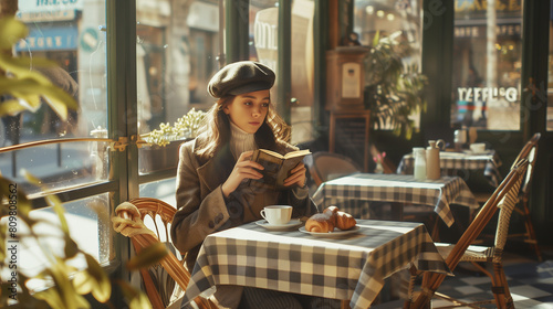 A Latina model in a chic beret and long coat savors a croissant, engrossed in a poetry collection in A charming Parisian bakery with wicker chairs and checkered tablecloths. ,