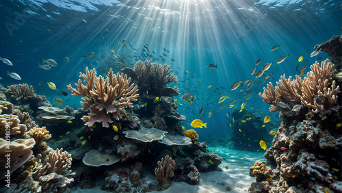 coral reef with fish,A scuba diver swims towards a coral reef under the sun's rays. Fish, including one yellow and two orange, swim alongside the diver.