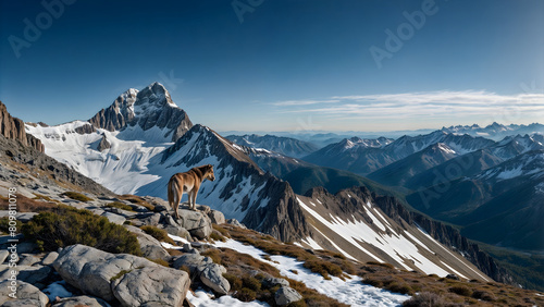 landscape in the winter,A lone wolf stands on a rocky outcropping in front of a snow-capped mountain range. 