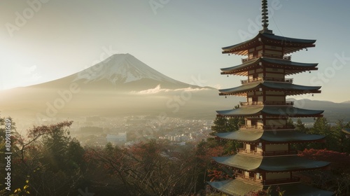 The five-story pagoda known as Fujiyoshida Cenotaph Monument can be seen on the observatory overlooking Mount Fuji.