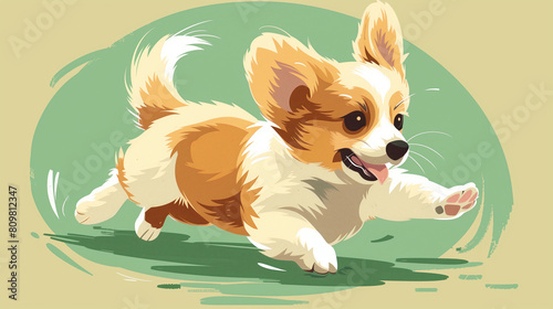 A playful puppy with floppy ears chasing its tail in circles, chibi illustration, cute animals