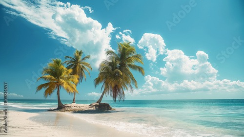 palm trees on white sand beach with blue sky and white clouds