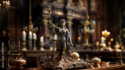 Elegant Statue of Justice in a Classic Courtroom Setting with Warm Lighting