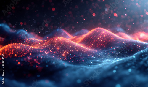Abstract digital background with colorful glowing lines forming waves and hills, representing data visualization in the style of technology or science. Colorful gradient lines and glowing dots.