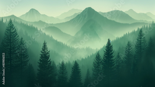 bluish-green mountains with dark green pine trees 