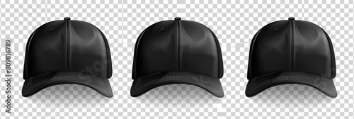 Set of black front and side view hat baseball cap on transparent background cutout, PNG file. Mockup template for artwork graphic design 
