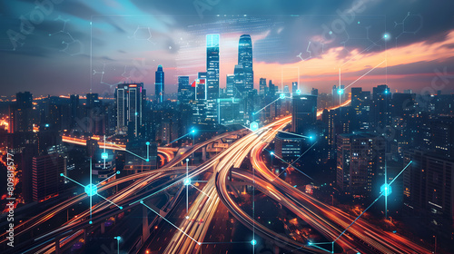 analyzing a graph of future market trends. futuristic city skyline with holographic projections of financial data and trade patterns, showcasing the integration of technology in finance.