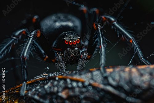 Detailed macro image captures the creepy essence of a black widow spider. AI generative.
