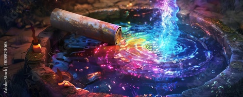 A sacred scroll unrolling and touching the surface of a holy well, inducing a divine display of colored light and water