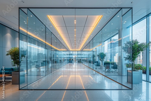 A sleek, modern office hallway featuring glass walls that show reflections and allow natural light to enhance the space