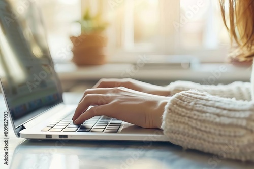 remote efficiency closeup of womans hands typing on laptop digital nomad working online concept