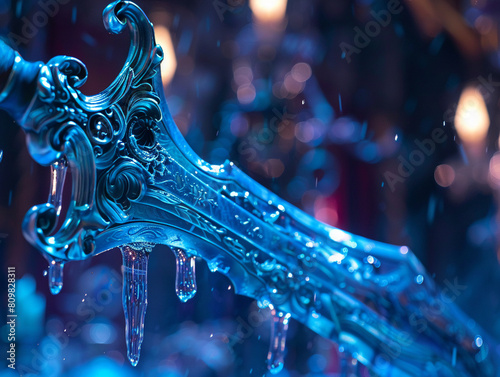 "Wonderland's ornate dagger, dripping with a mysterious liquid, close-up, backlit with eerie blue light
