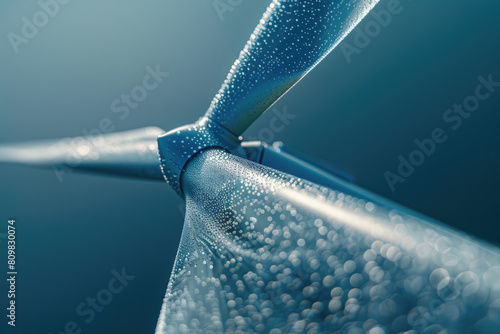 Close-up view of wind turbine blades covered in dew
