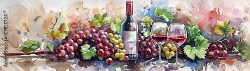 Red and white grapes with a bottle of red wine.