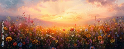 A beautiful sunset over a field of flowers. The sky and flowers are ablaze with color, and the scene is one of peace and tranquility.