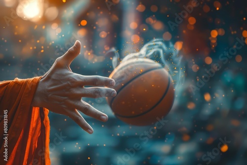 A basketball spins magically on the tip of a serene monks finger