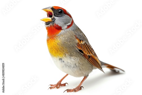 A finch with bright orange cheeks, chirping, isolated on white