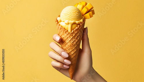 マンゴーのアイスクリームを手で持つ