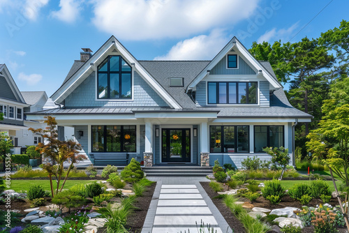 A modern powder blue craftsman cottage style home, featuring a triple pitched roof, bespoke landscaping, a neat walkway, and unparalleled curb appeal, encapsulating serene living.