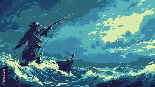A lone fisherman in a small boat battles against a raging storm