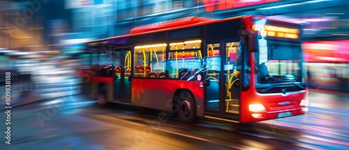 Image of a vibrant city bus in motion, perfect for public transportation advertising with ample copy space