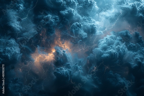 The image showcases intense electric blue light striking through a dense, dark cluster of clouds, creating a mystical atmosphere