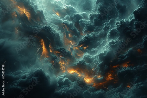 An intense visual of storm clouds roiling with an inner light that resembles fire, reflecting a powerful natural phenomenon