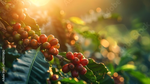 Ripe Arabica cherry coffee beans densely on a branch in a coffee plantation.