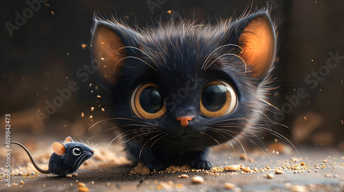 Playful Black Kitten Sneaks Up on Unsuspecting Mouse in Cartoon Fantasy Scene