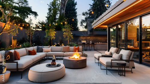 Elegant outdoor terrace with modern furniture and warm fire pit under evening lights