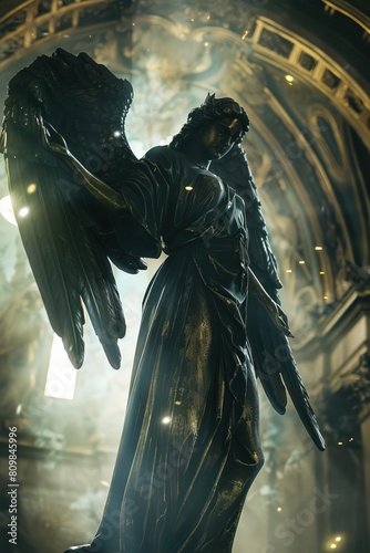 The angel of light stands at the threshold of the temple, its wings outspread in welcome
