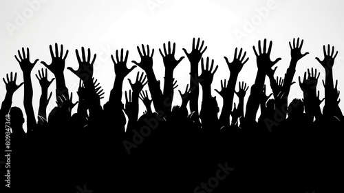black white people group hold hands up at a concert or demonstration, Siloute 