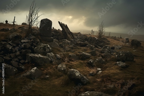 Majestic Stone grave on hill top. Ancient rock monument on mountain peak. Generate ai