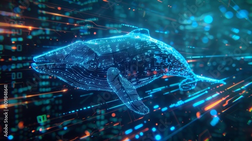 A digital blue whale made of glowing dots and lines of code.