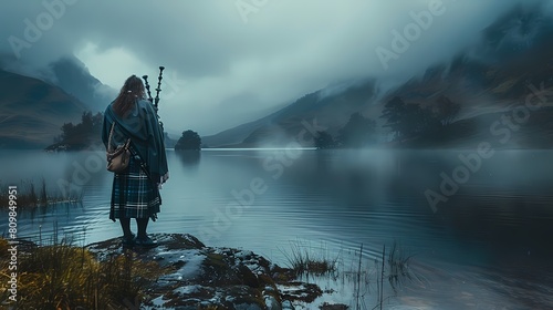 A bagpiper stirring emotions, the haunting melody floating against a misty Scottish highland backdrop