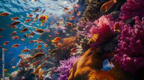 Underwater scene with a variety of fish and coral. The fish are mostly orange and white, and the coral is pink, purple, and green.