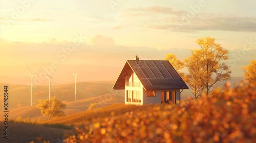 Eco-Friendly House with Solar Panels and Wind Turbines in Autumn Landscape.