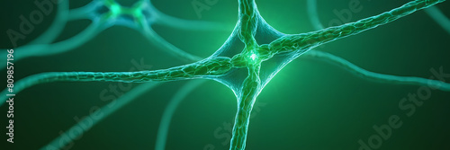 Conceptual illustration of neuron cells with glowing link knots green Neurons in brain on with focus effect Synapse and Neuron cells sending electrical chemical signals