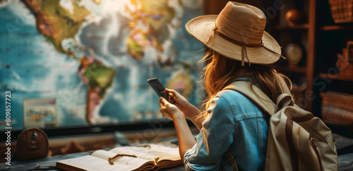Female traveler using a smartphone to plan her next journey with a world map and travel guide.